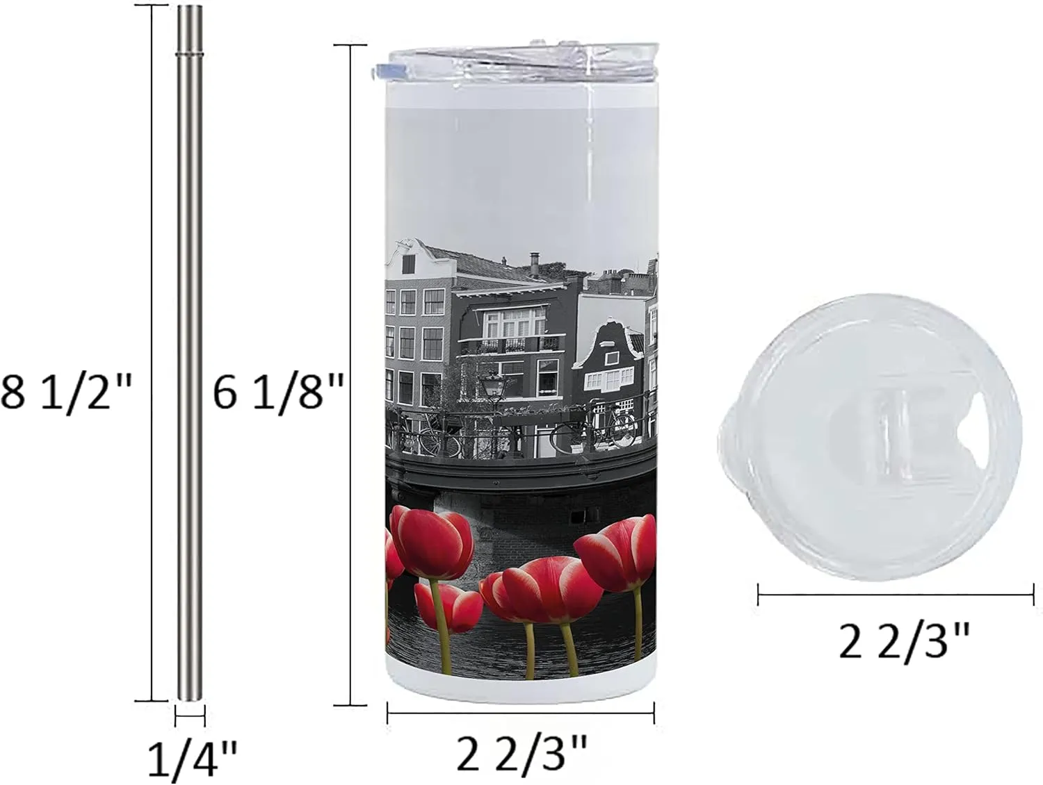 Ambesonne Black and White 12 Oz Skinny Tumbler, Monochrome Photo of Amsterdam Canal with Red Tulips and Houses, Vacuum Insulated Travel Canteen Cup Leakproof for Travel Picnic, Black White and Red