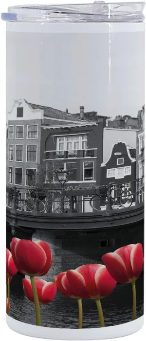 Ambesonne Black and White 12 Oz Skinny Tumbler, Monochrome Photo of Amsterdam Canal with Red Tulips and Houses, Vacuum Insulated Travel Canteen Cup Leakproof for Travel Picnic, Black White and Red