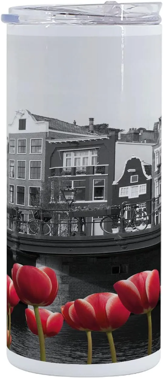 Ambesonne Black and White 12 Oz Skinny Tumbler, Monochrome Photo of Amsterdam Canal with Red Tulips and Houses, Vacuum Insulated Travel Canteen Cup Leakproof for Travel Picnic, Black White and Red