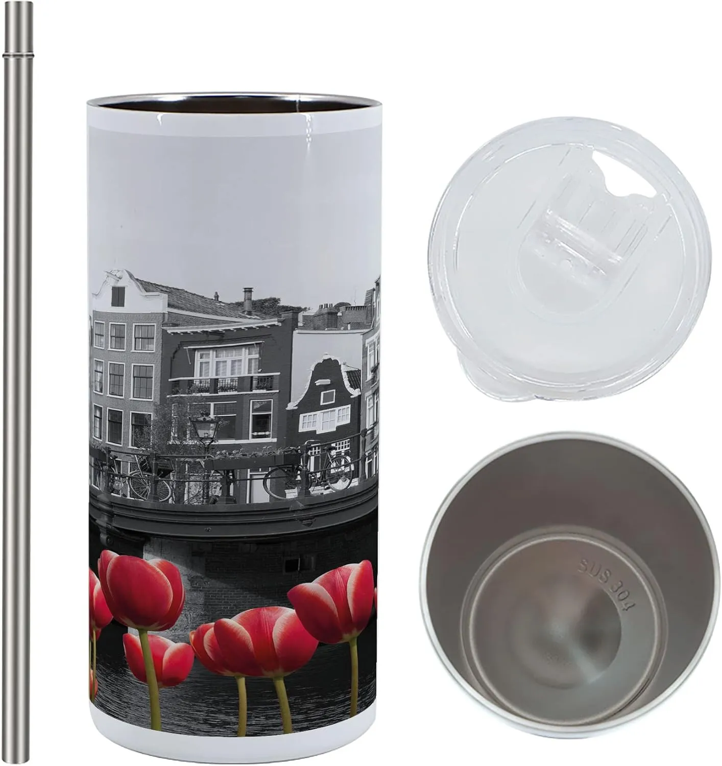Ambesonne Black and White 12 Oz Skinny Tumbler, Monochrome Photo of Amsterdam Canal with Red Tulips and Houses, Vacuum Insulated Travel Canteen Cup Leakproof for Travel Picnic, Black White and Red