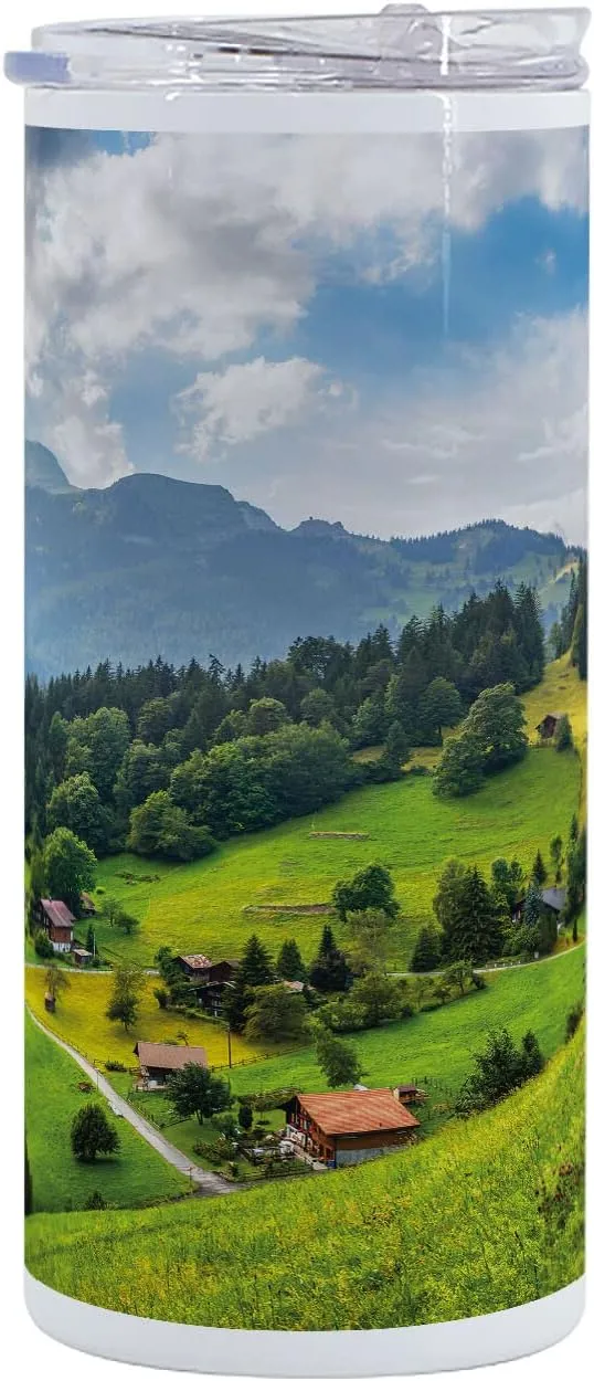 Ambesonne Colorful 12 Oz Skinny Tumbler, Swiss Alpine Wengen Village Nature Art Landscape View Image in Summer Season, Vacuum Insulated Travel Canteen Cup Leakproof for Travel Picnic, Multicolor