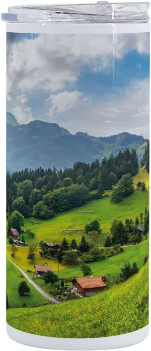 Ambesonne Colorful 12 Oz Skinny Tumbler, Swiss Alpine Wengen Village Nature Art Landscape View Image in Summer Season, Vacuum Insulated Travel Canteen Cup Leakproof for Travel Picnic, Multicolor