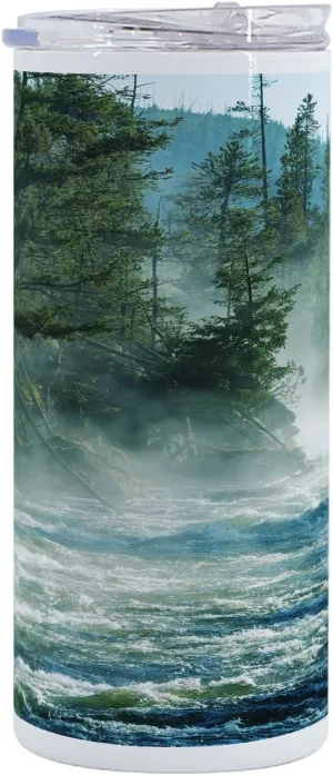 Ambesonne Yellowstone 12 Oz Skinny Tumbler, Fog on Yellowstone River Alpine Trees by the Bank Wilderness Waterscape Picture, Vacuum Insulated Travel Canteen Cup Leakproof for Travel Picnic, Green Blue