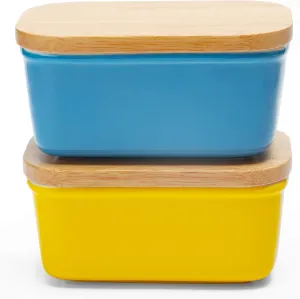amHomel Butter Dish with Lid for Countertop, Ceramic Butter Container with Cover , Farmhouse Butter Holder, Large Butter Keeper Holds up to 2 Sticks, Set of 2(Yellow,blue)