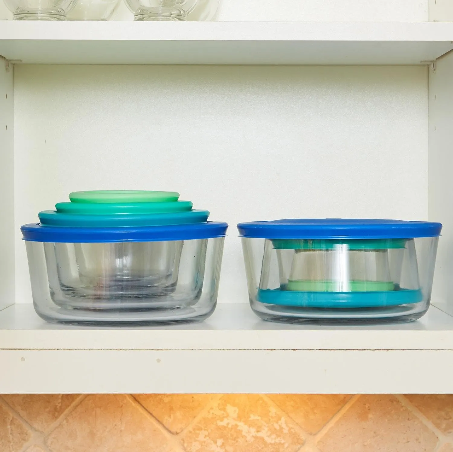 Anchor Hocking 26 Piece Glass Storage Containers with Lids (13 Glass Food Storage Containers & 13 Mixed Blue SnugFit Lids)