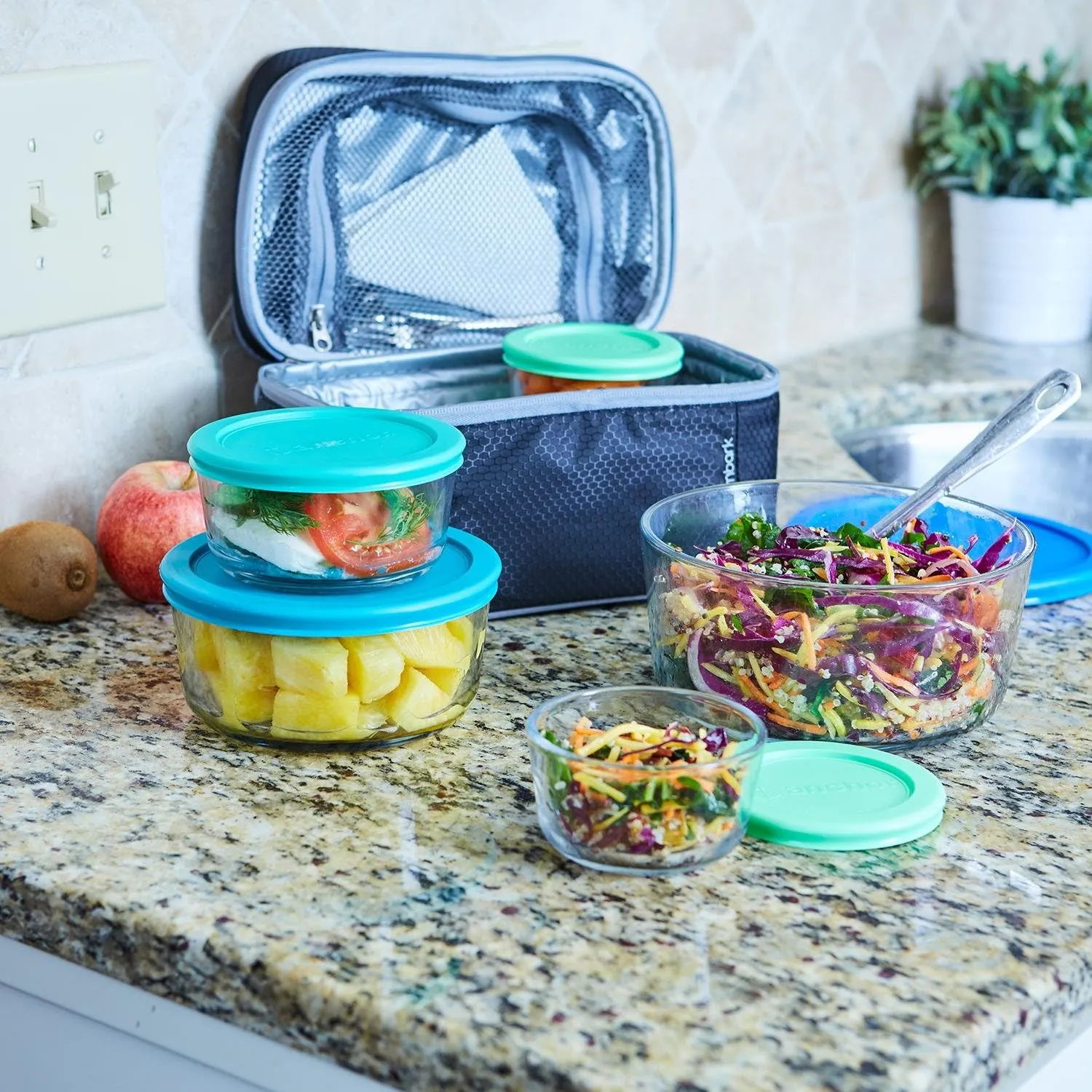 Anchor Hocking 26 Piece Glass Storage Containers with Lids (13 Glass Food Storage Containers & 13 Mixed Blue SnugFit Lids)