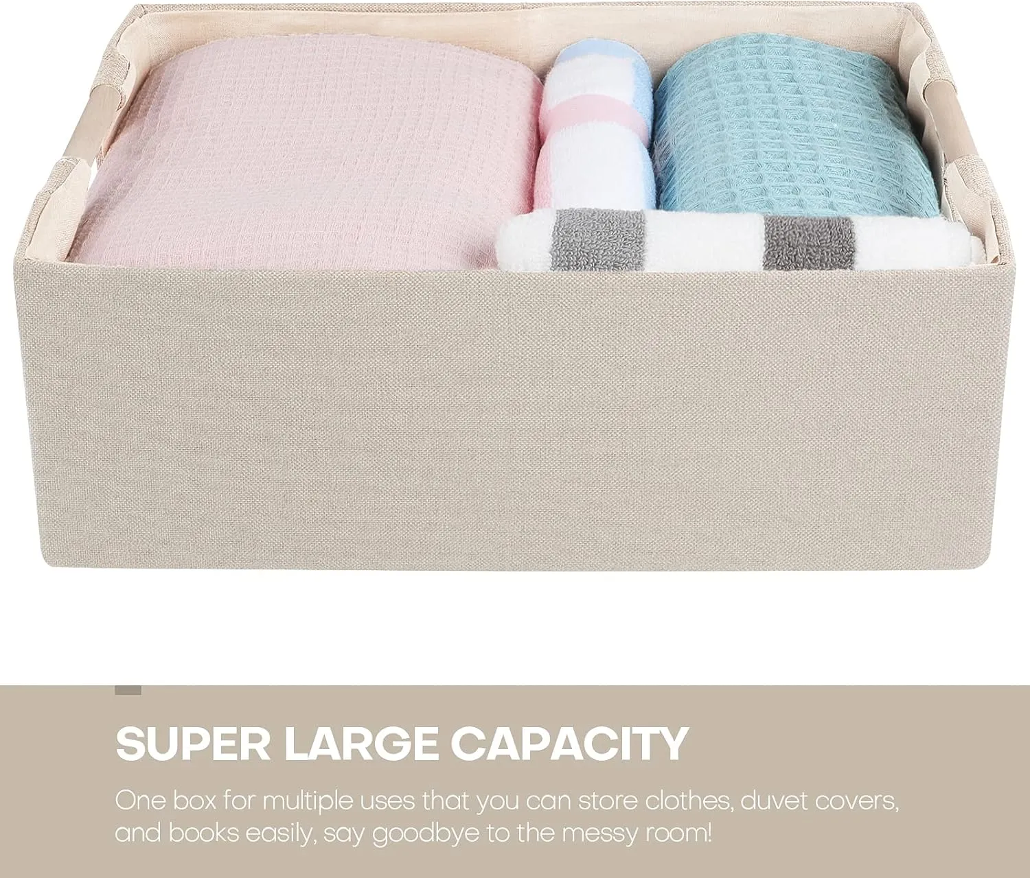 ANMINY 4PCS Storage Baskets for Organizing Collapsible Fabric Storage Bins Boxes with Wood Handles Closet Shelves Cube Organizer Bins Clothes Laundry Storage Container - Small, Beige