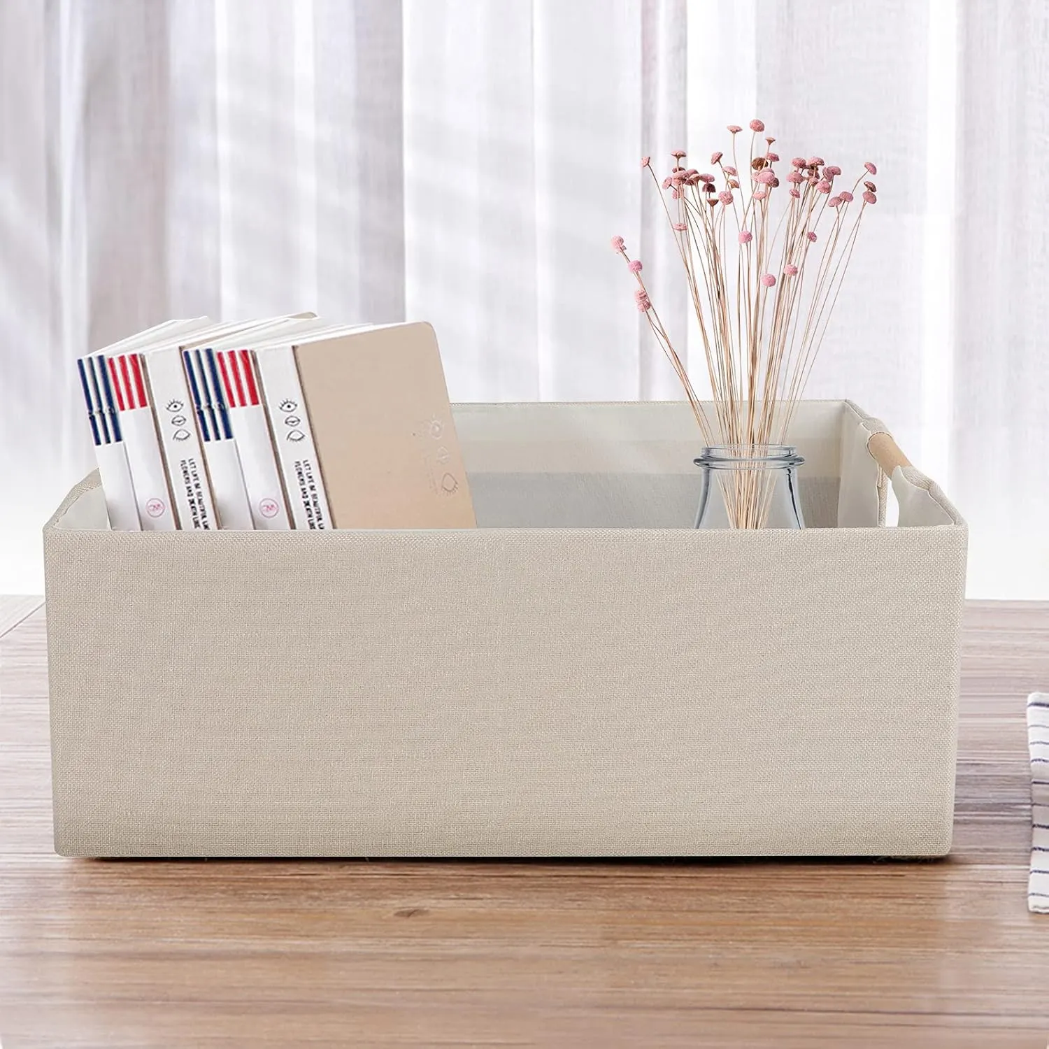 ANMINY 4PCS Storage Baskets for Organizing Collapsible Fabric Storage Bins Boxes with Wood Handles Closet Shelves Cube Organizer Bins Clothes Laundry Storage Container - Small, Beige