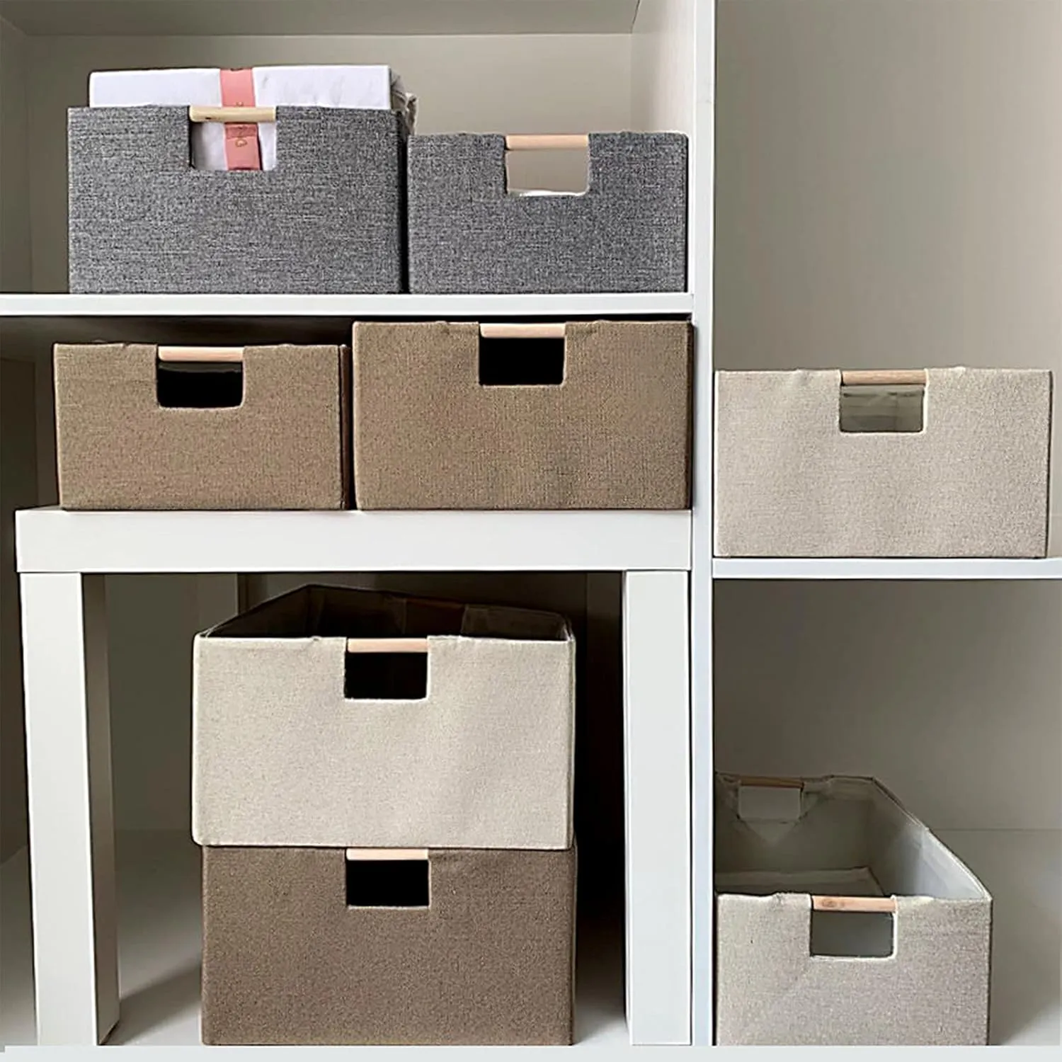 ANMINY 4PCS Storage Baskets for Organizing Collapsible Fabric Storage Bins Boxes with Wood Handles Closet Shelves Cube Organizer Bins Clothes Laundry Storage Container - Small, Beige