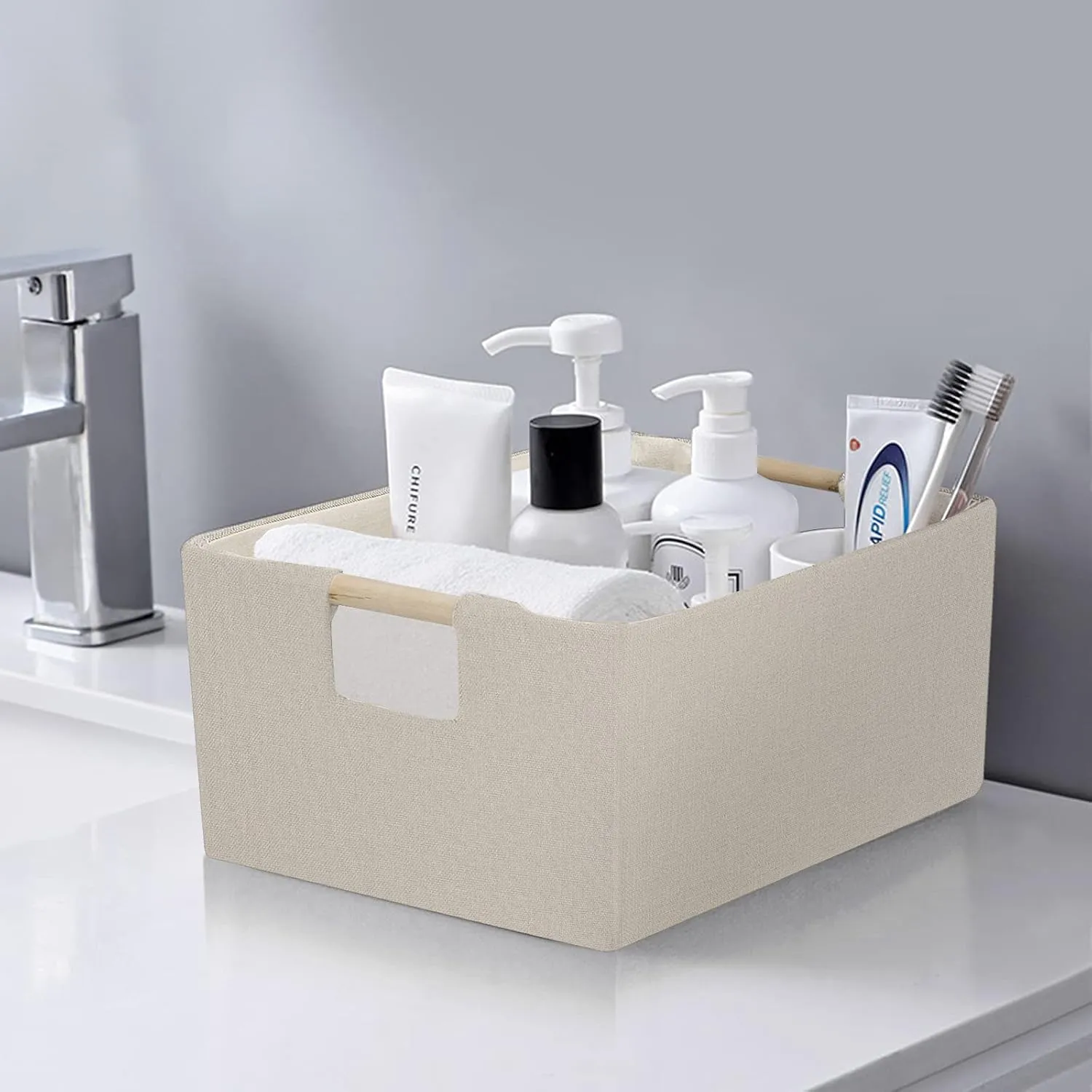 ANMINY 4PCS Storage Baskets for Organizing Collapsible Fabric Storage Bins Boxes with Wood Handles Closet Shelves Cube Organizer Bins Clothes Laundry Storage Container - Small, Beige