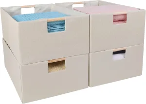 ANMINY 4PCS Storage Baskets for Organizing Collapsible Fabric Storage Bins Boxes with Wood Handles Closet Shelves Cube Organizer Bins Clothes Laundry Storage Container - Small, Beige
