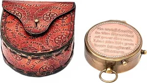 Antique Brass Compass with Inspirational Quote 2.5 Inch Vintage Navigation Tool with Elegant Leather Case Nautical Hiking Camping Adventure Gift