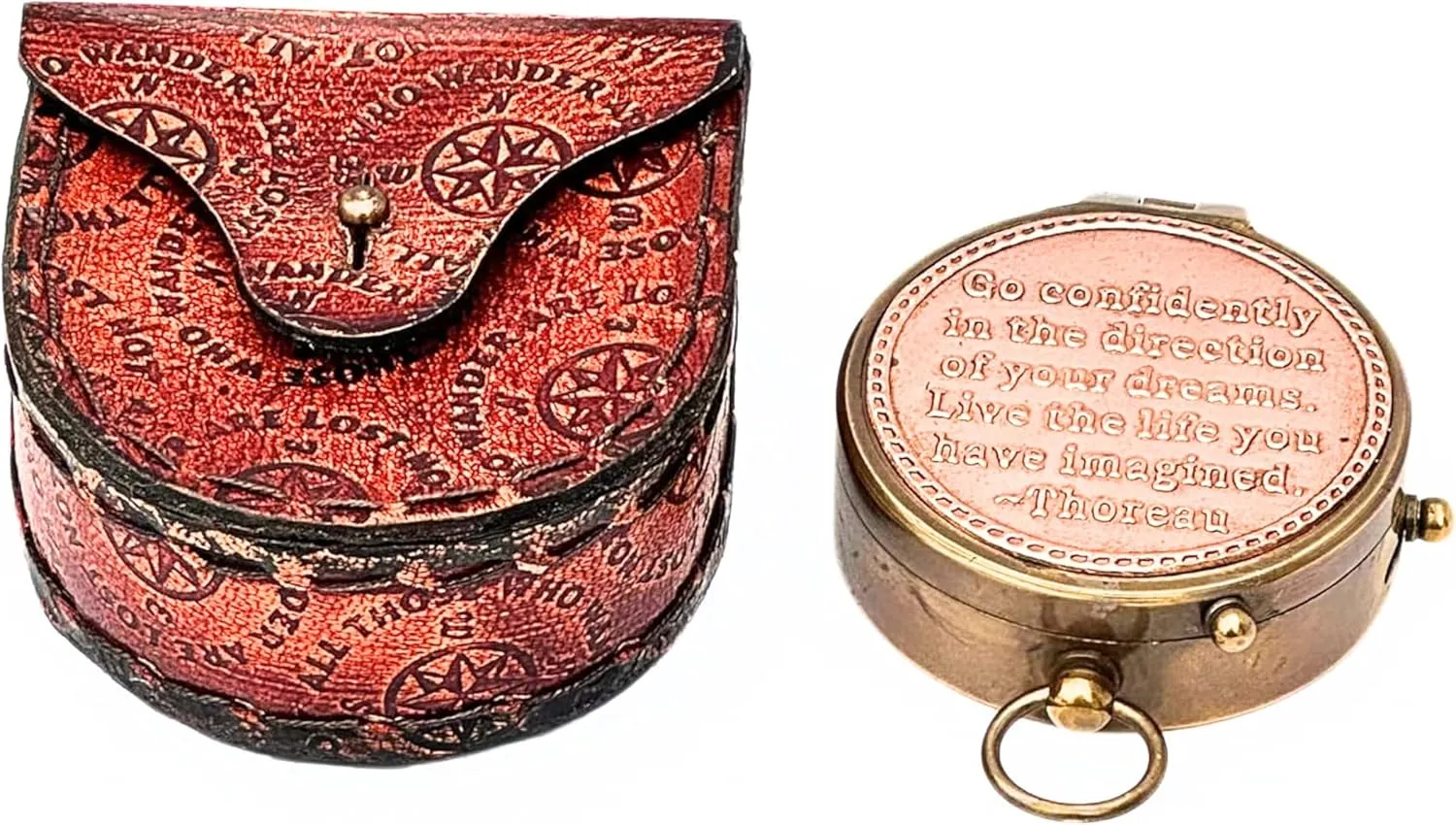 Antique Brass Compass with Inspirational Quote 2.5 Inch Vintage Navigation Tool with Elegant Leather Case Nautical Hiking Camping Adventure Gift