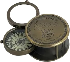 Antique Brass Compass with Magnifying Glass – Vintage Navigation Tool & Collectible, 7 x 7 x 4 cm