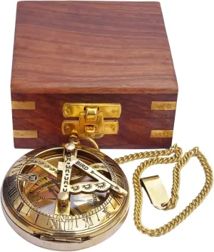 Antique Brass Sundial Compass with Wooden Box & Chainmail Nautical Map Reader Push Open Pocket Compass for Traveling Camping Hiking Tool