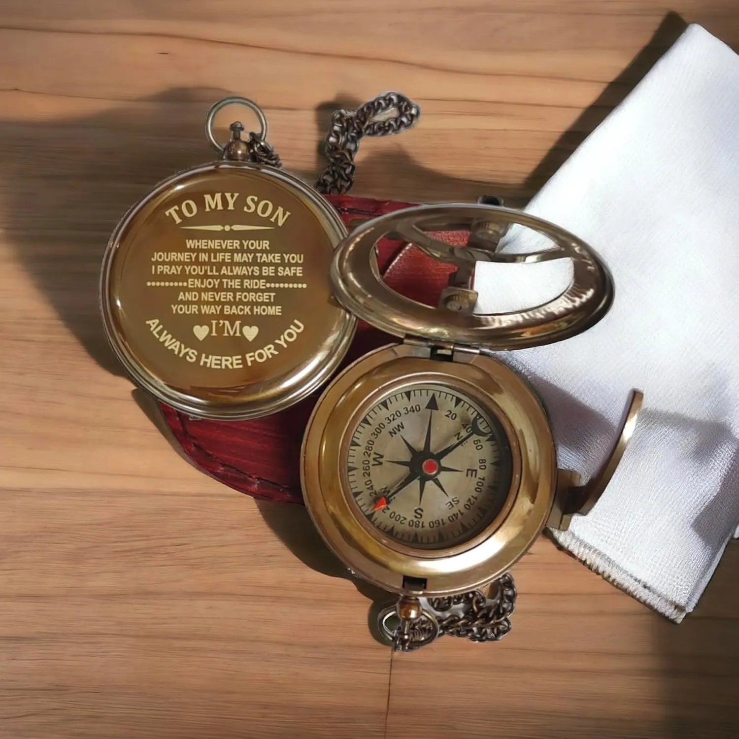 Antique Chain Compass for Hiking to My Son Brass Pocket Antique Compass with Engraved Brass Compass On Chain with Leather Case