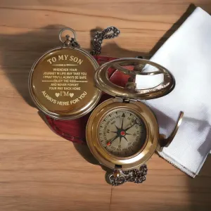 Antique Chain Compass for Hiking to My Son Brass Pocket Antique Compass with Engraved Brass Compass On Chain with Leather Case