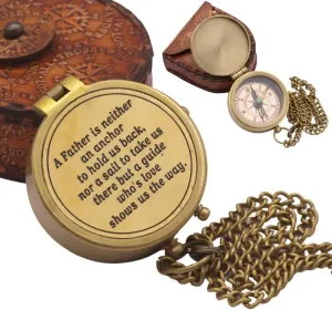 Antique Nautical Vintage Directional Magnetic Compass with Famous Scripture Quote A Father is Neither an Anchor Engraved, Baptism Gifts with Leather Case or Wooden Case for Dad from Son, Daughter