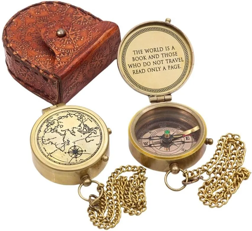 Antique Nautical Vintage Directional Magnetic Compass with Famous Scripture Quote Engraved Baptism Gifts with Leather Case or Wooden Case for Loved Ones, Son, Father, Love, Partner, Spouse, Fiancé.