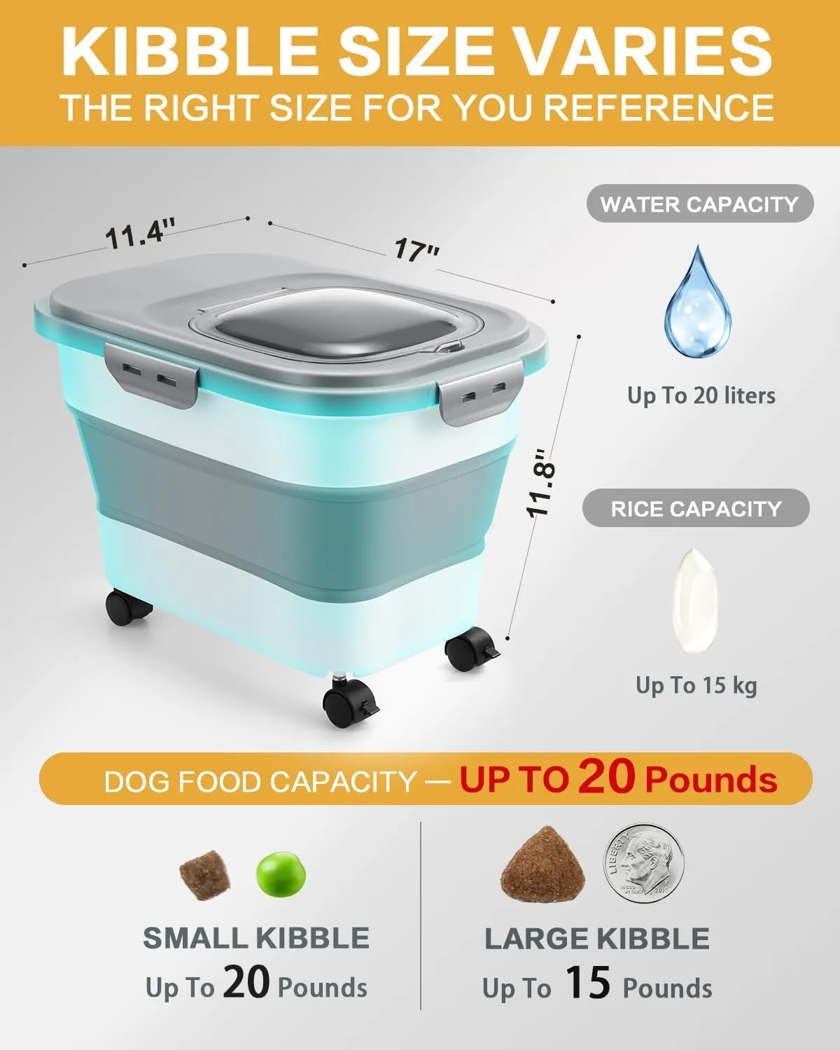 ANVS Dog Food Storage Container - Up to 20lbs Collapsible Dog Food Container with Casters, Scoop and 2.5L Small Pet Food Container to Keep Dry Pet Food Fresh (Green)