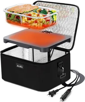 Aotto Electric Lunch Box Food Heater - 12V/24V/110V 3-in-1 Portable Oven & Food Warmer, Heated Lunch Box for Adults, Cook, Reheat, Keep Meals Warm for Car, Truck, Office, Travel, Home - Black