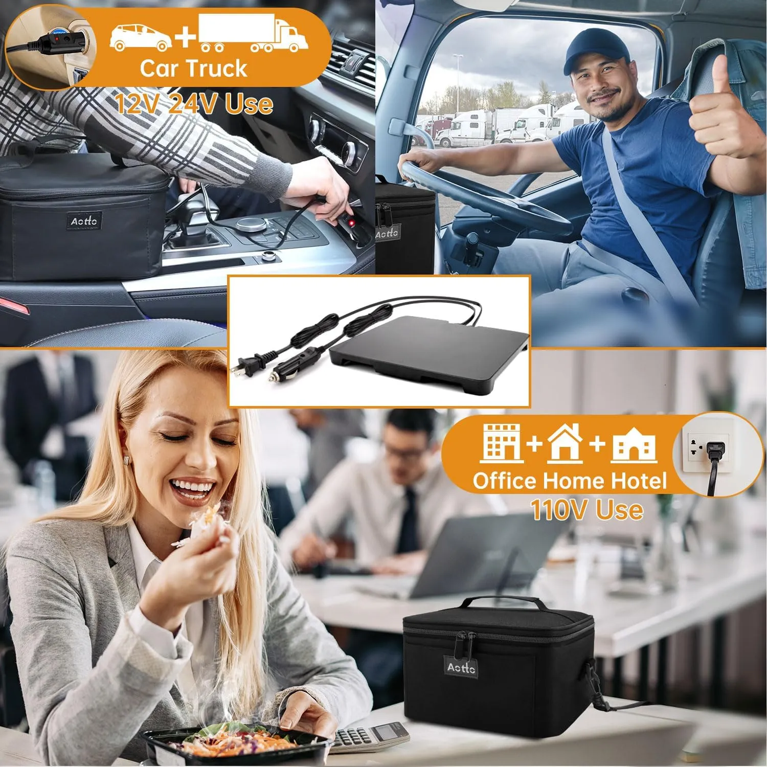 Aotto Electric Lunch Box Food Heater - 12V/24V/110V 3-in-1 Portable Oven & Food Warmer, Heated Lunch Box for Adults, Cook, Reheat, Keep Meals Warm for Car, Truck, Office, Travel, Home - Black