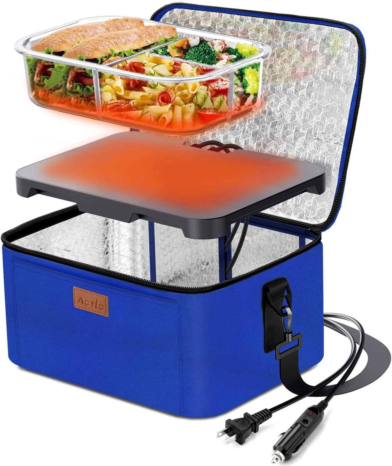Aotto Electric Lunch Box Food Heater - 12V/24V/110V 3-in-1 Portable Oven & Food Warmer, Heated Lunch Box for Adults, Cook, Reheat, Keep Meals Warm for Car, Truck, Office, Travel, Home - Blue