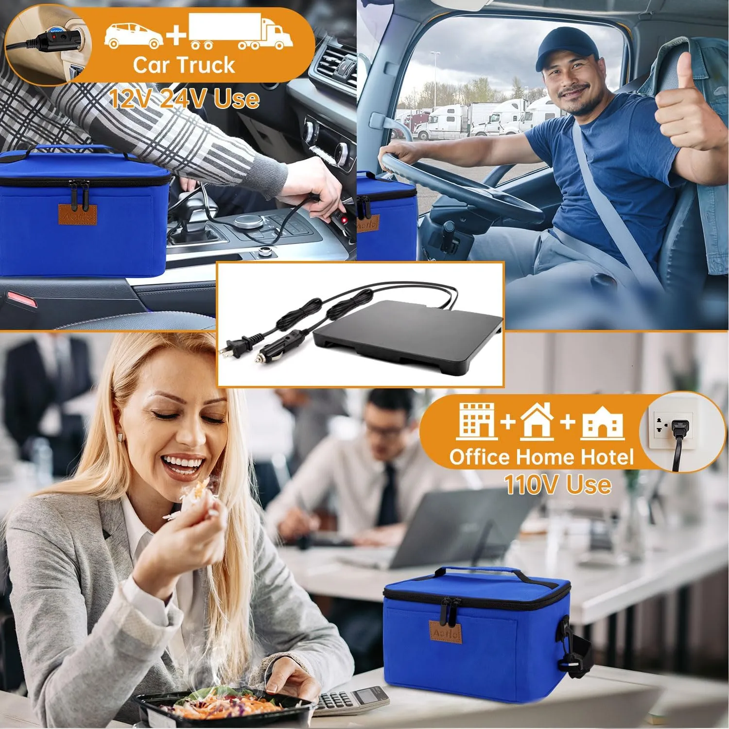 Aotto Electric Lunch Box Food Heater - 12V/24V/110V 3-in-1 Portable Oven & Food Warmer, Heated Lunch Box for Adults, Cook, Reheat, Keep Meals Warm for Car, Truck, Office, Travel, Home - Blue