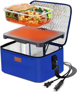 Aotto Electric Lunch Box Food Heater - 12V/24V/110V 3-in-1 Portable Oven & Food Warmer, Heated Lunch Box for Adults, Cook, Reheat, Keep Meals Warm for Car, Truck, Office, Travel, Home - Blue