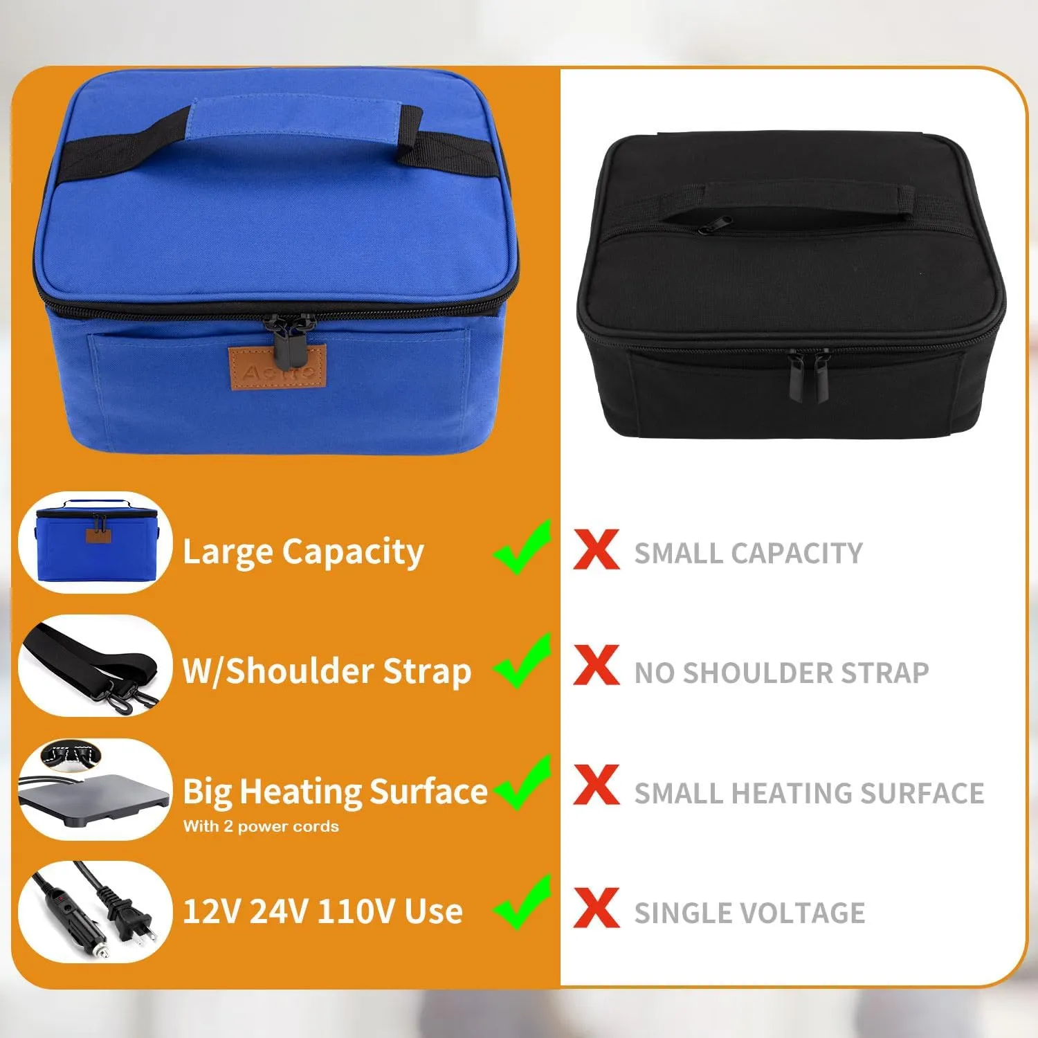 Aotto Electric Lunch Box Food Heater - 12V/24V/110V 3-in-1 Portable Oven & Food Warmer, Heated Lunch Box for Adults, Cook, Reheat, Keep Meals Warm for Car, Truck, Office, Travel, Home - Blue