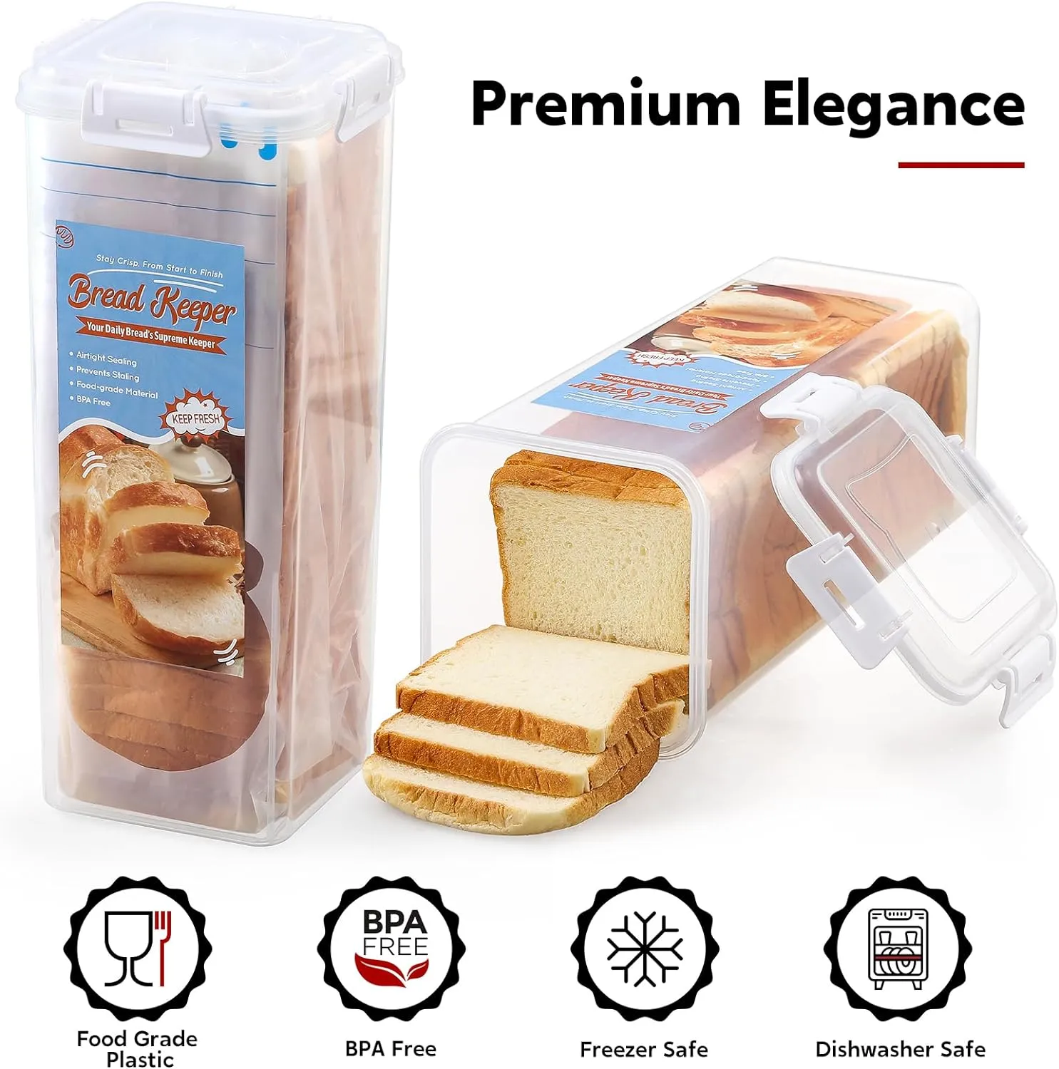AOZITA Bread Box with Airtight Lid, Fresh Bread Storage Container, Bread Loaf Storage Dispenser, Plastic Sandwich Bread Keeper, White Lid, 2 Pack