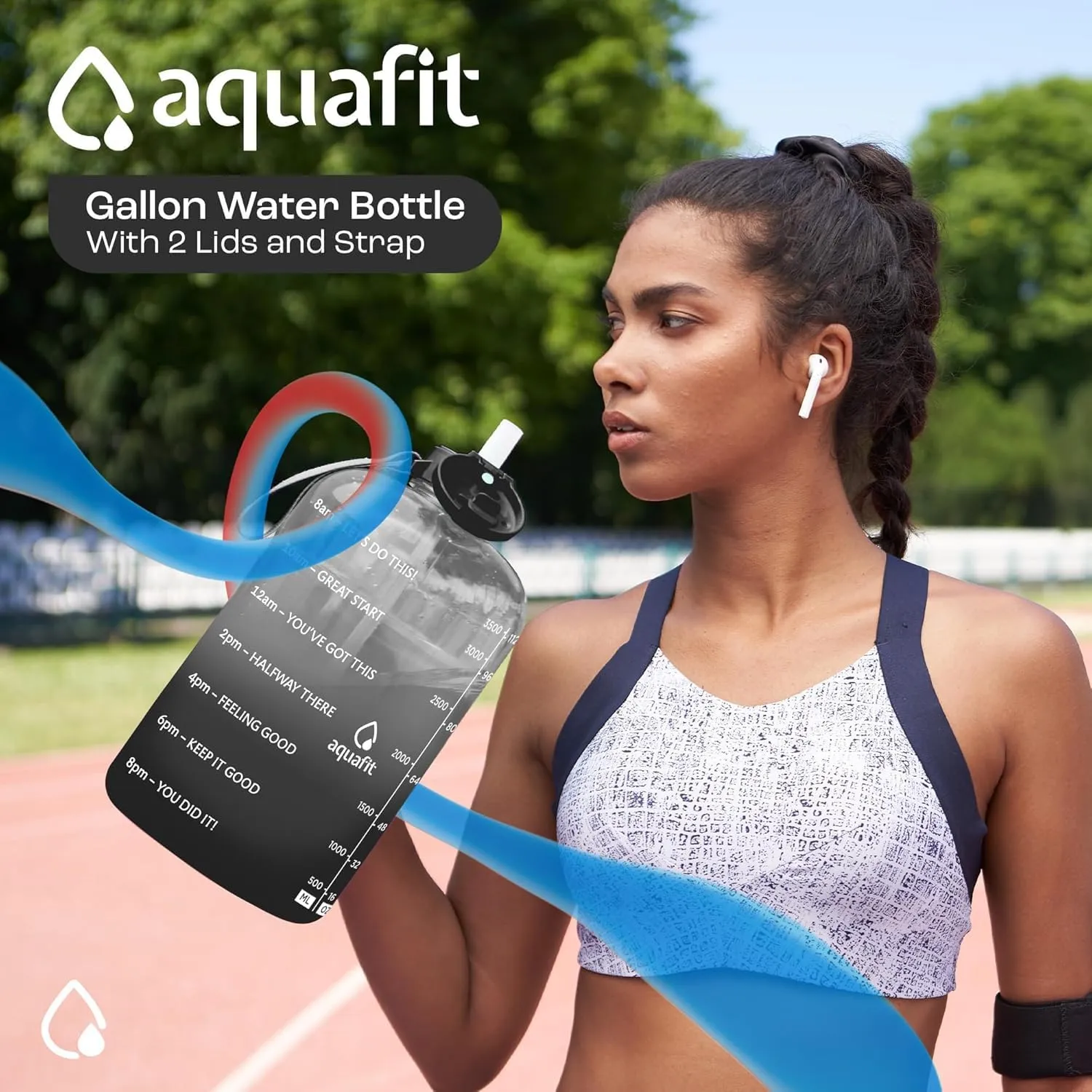 AQUAFIT 1 Gallon Water Jug with Time Marker - BPA Free 128 oz Gym Water Bottle with Straw, Handle, White