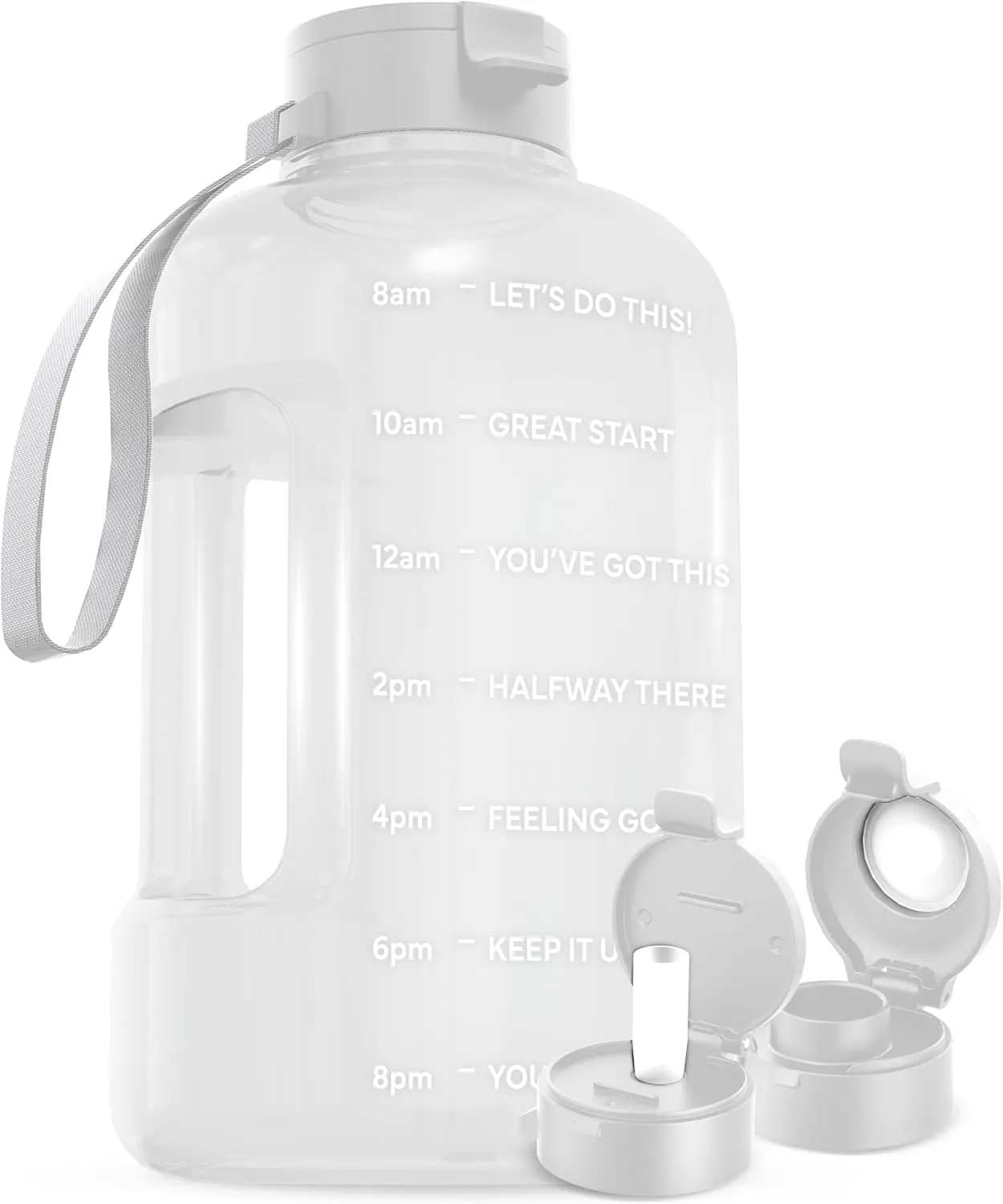 AQUAFIT 1 Gallon Water Jug with Time Marker - BPA Free 128 oz Gym Water Bottle with Straw, Handle, White
