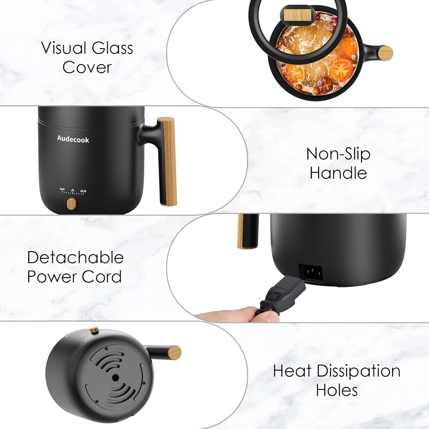 Audecook Hot Pot Electric with Steamer, 1.8L Portable Mini Travel Cooker, Multifunctional Non-Stick Electric Skillet for Stir Fry/Stew/Steam, Perfect for Ramen Noodles/Pasta/Egg/Soup/Oatmeal(Black)