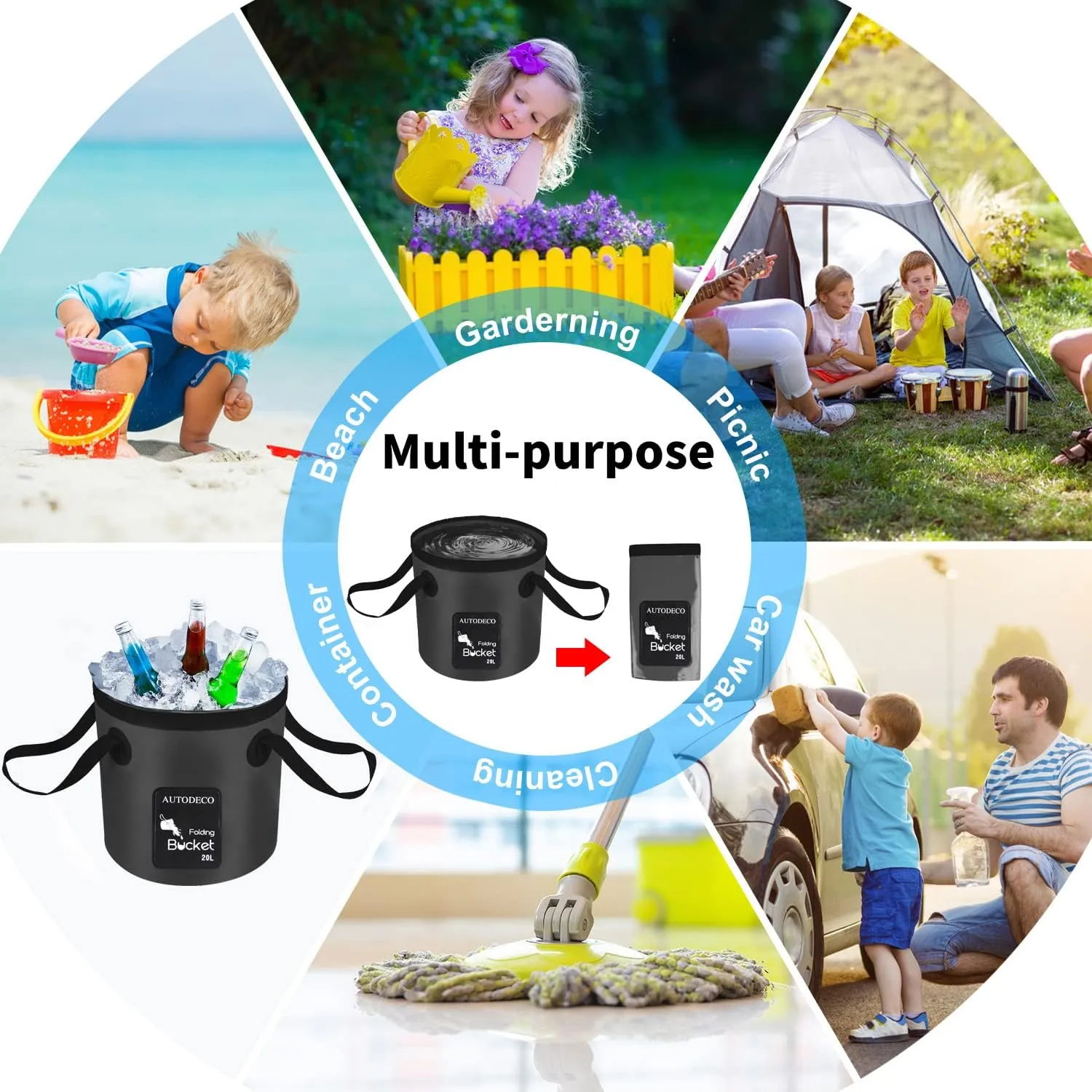 AUTODECO Collapsible Bucket 5 Gallon Container Folding Water Bucket Portable Wash Basin