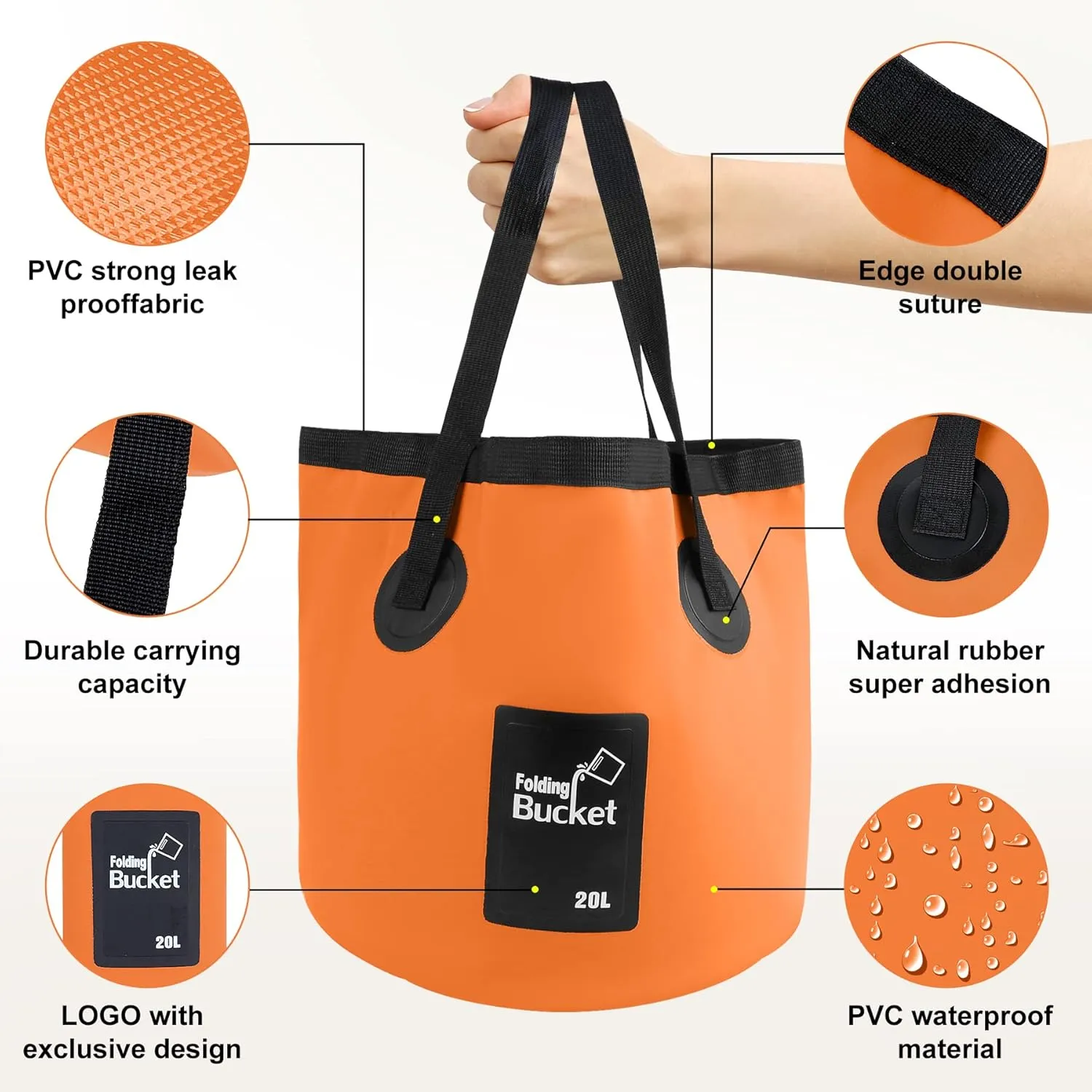 B013 Collapsible Bucket with Handle - Foldable Water Bucket for Easy Storage | Durable & Portable Folding Bucket for Camping, Hiking (Orange)