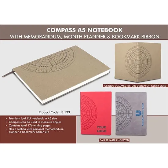 B133 – Compass A5 Notebook With Memorandum, Month Planner & Bookmark Ribbon | 176 Writing Pages