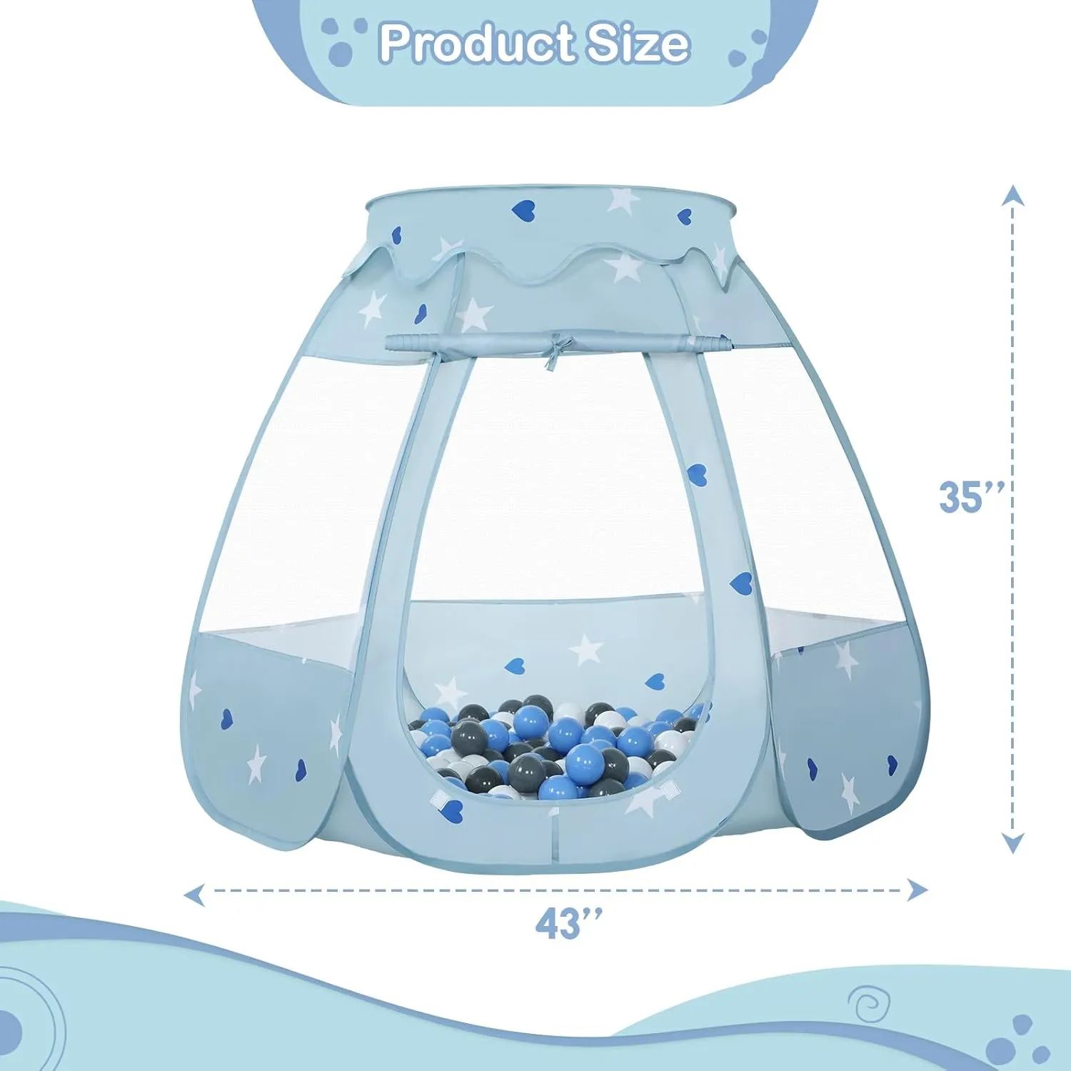 Baby Ball Pit for Toddler with 50 Balls, Kids Pop Up Play Tent for Girls, Princess Toys Gifts for Children Indoor & Outdoor Playhouse (Greyish-Blue: Gray/White/Babyblue, 109x90cm/50 Balls)