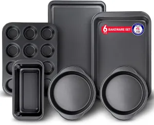 Baking Set – 6 Piece – Deluxe Non Stick Black Coating Inside and Outside – Carbon Steel Bakeware Set – PFOA PFOS and PTFE Free by Bakken