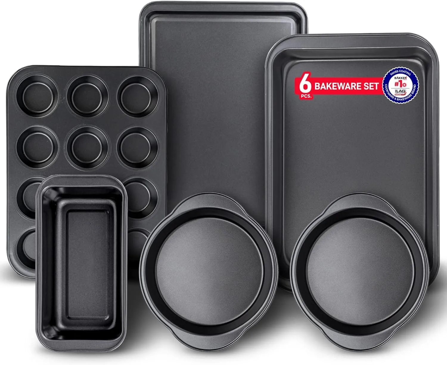 Baking Set – 6 Piece – Deluxe Non Stick Black Coating Inside and Outside – Carbon Steel Bakeware Set – PFOA PFOS and PTFE Free by Bakken