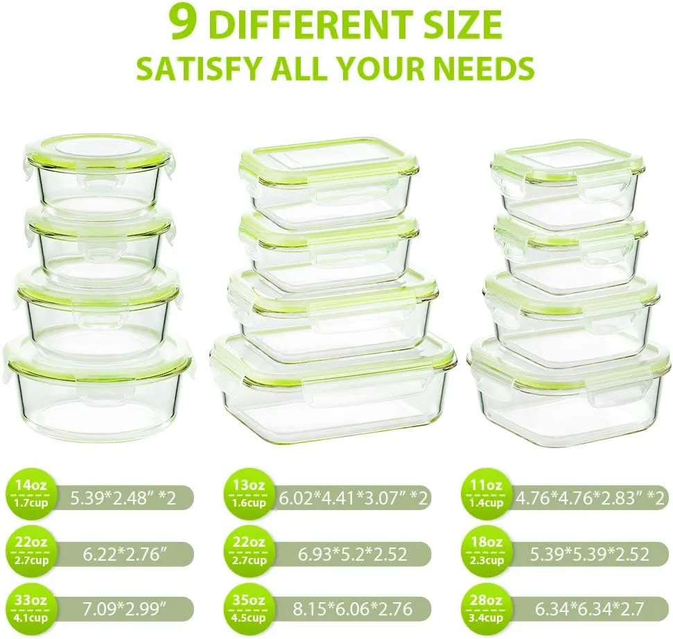 Bayco Glass Food Storage Containers with Lids, [24 Piece] Glass Meal Prep Containers, Airtight Glass Bento Boxes, BPA Free & Leak Proof (12 lids & 12 Containers) - Green