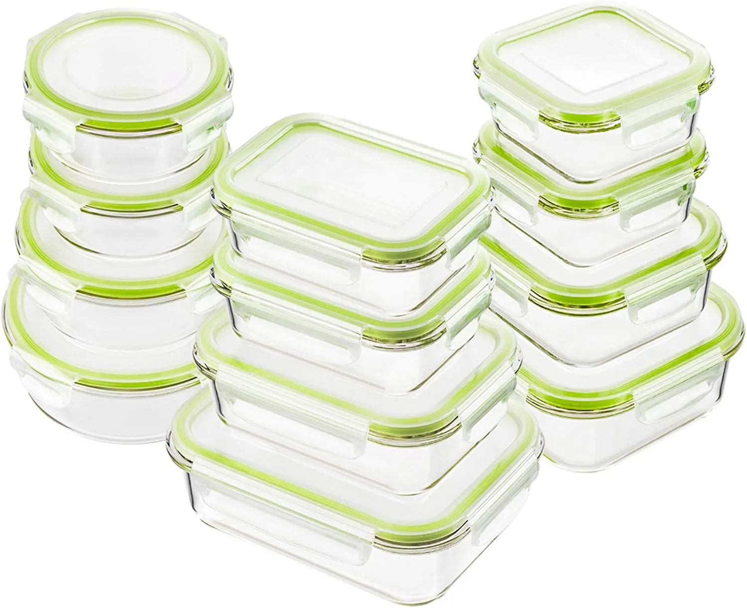Bayco Glass Food Storage Containers with Lids, [24 Piece] Glass Meal Prep Containers, Airtight Glass Bento Boxes, BPA Free & Leak Proof (12 lids & 12 Containers) - Green