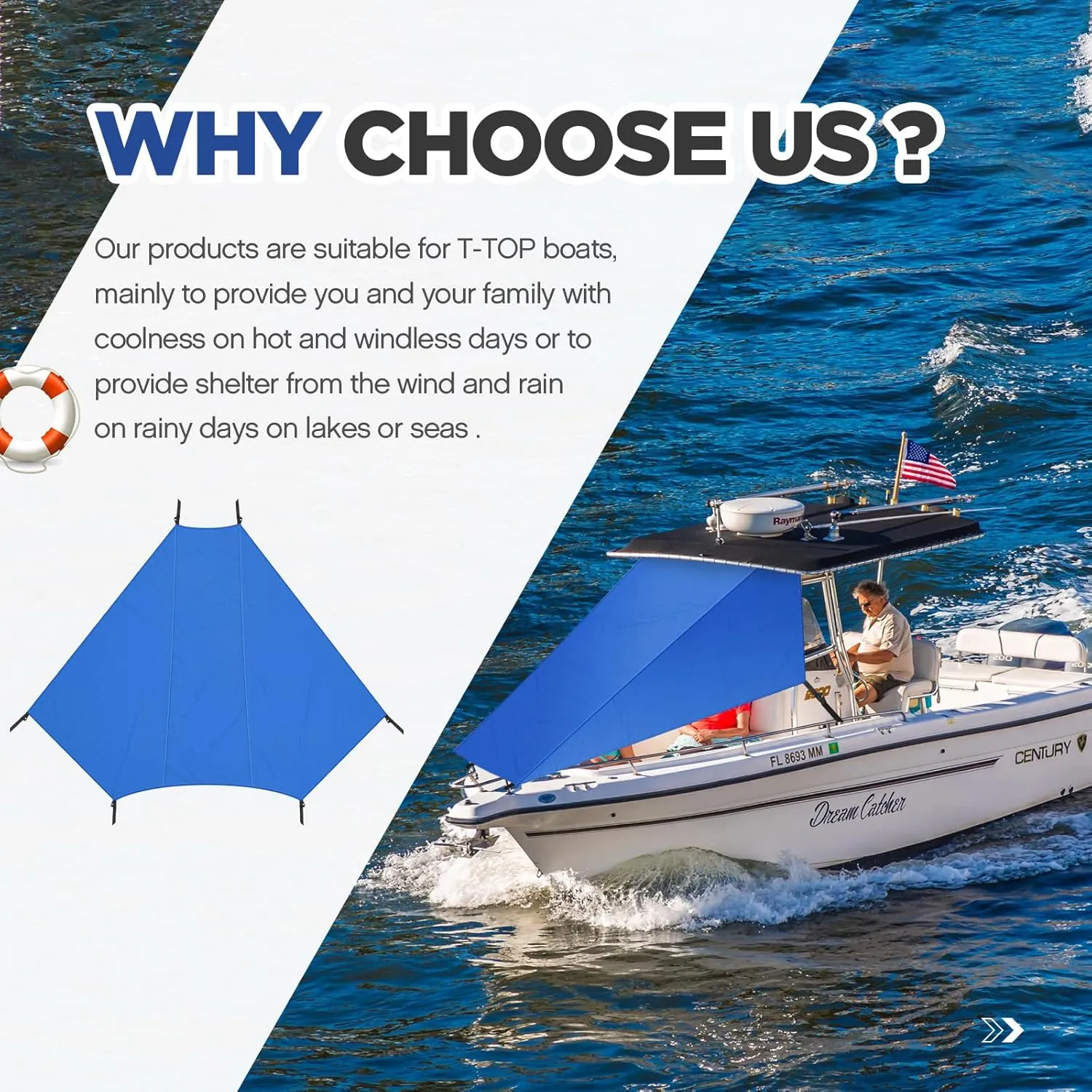 BBTO 8' X 9.5' T-Top Bow Shade for Boat Cover UV Protection 600d Oxford Cloth Canopy Waterproof Navy Blue Boat Tent Sun Shade Extension for Hot Cloudless Day