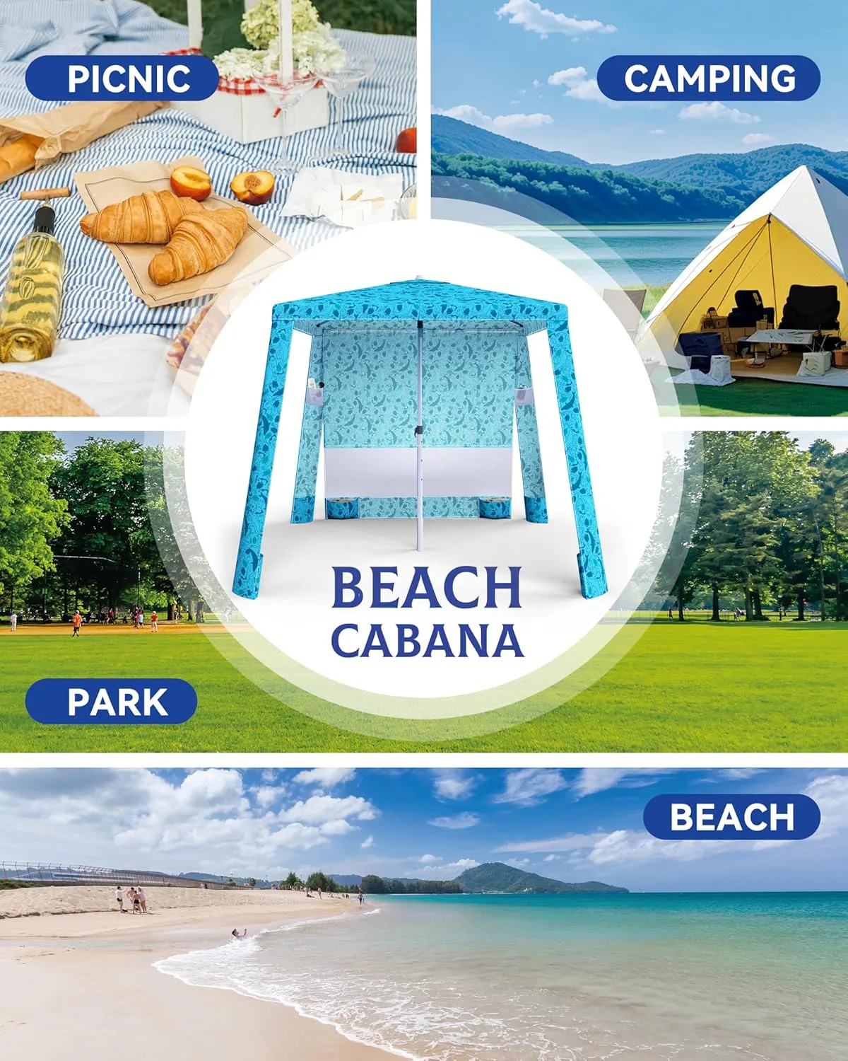 Beach Cabana Tent - Instant Sun Shade, 6.2'x6.2', Lightweight & Portable, UPF 50  UV Protection, Sand Pockets, Side Wall, Ideal for Beach, Park, or Camping