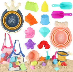 Beach Sand Toys, 2 Collapsible Sand Buckets and Shovels Set with Mesh Bags and Sand Molds, Sandbox Toys for Kids Toddlers Summer Outdoor Travel Toys Beach Vacation Essentials