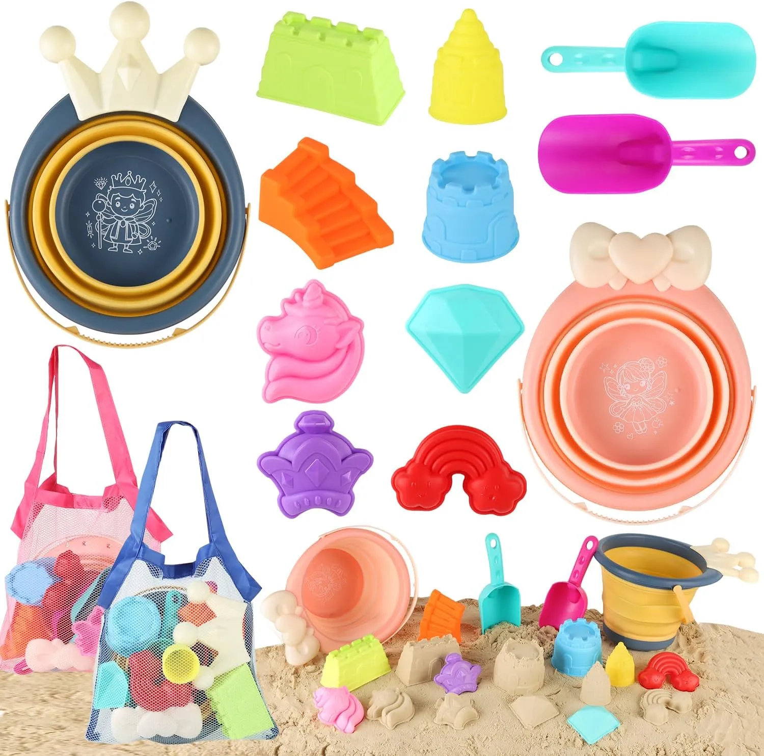 Beach Sand Toys, 2 Collapsible Sand Buckets and Shovels Set with Mesh Bags and Sand Molds, Sandbox Toys for Kids Toddlers Summer Outdoor Travel Toys Beach Vacation Essentials