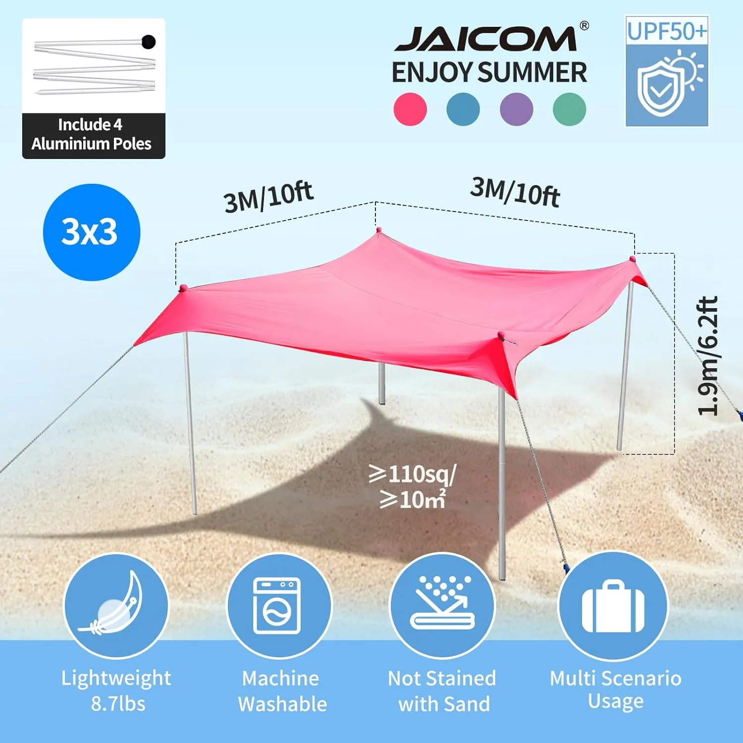 Beach Tent Beach Canopy, 10×10FT with 4 Aluminum Poles Beach Shade - with UPF50  UV Protection, Sandbags, Sand Shovels, Stakes Sun Shelter for Beach, Fishing, Backyard Fun, Camping