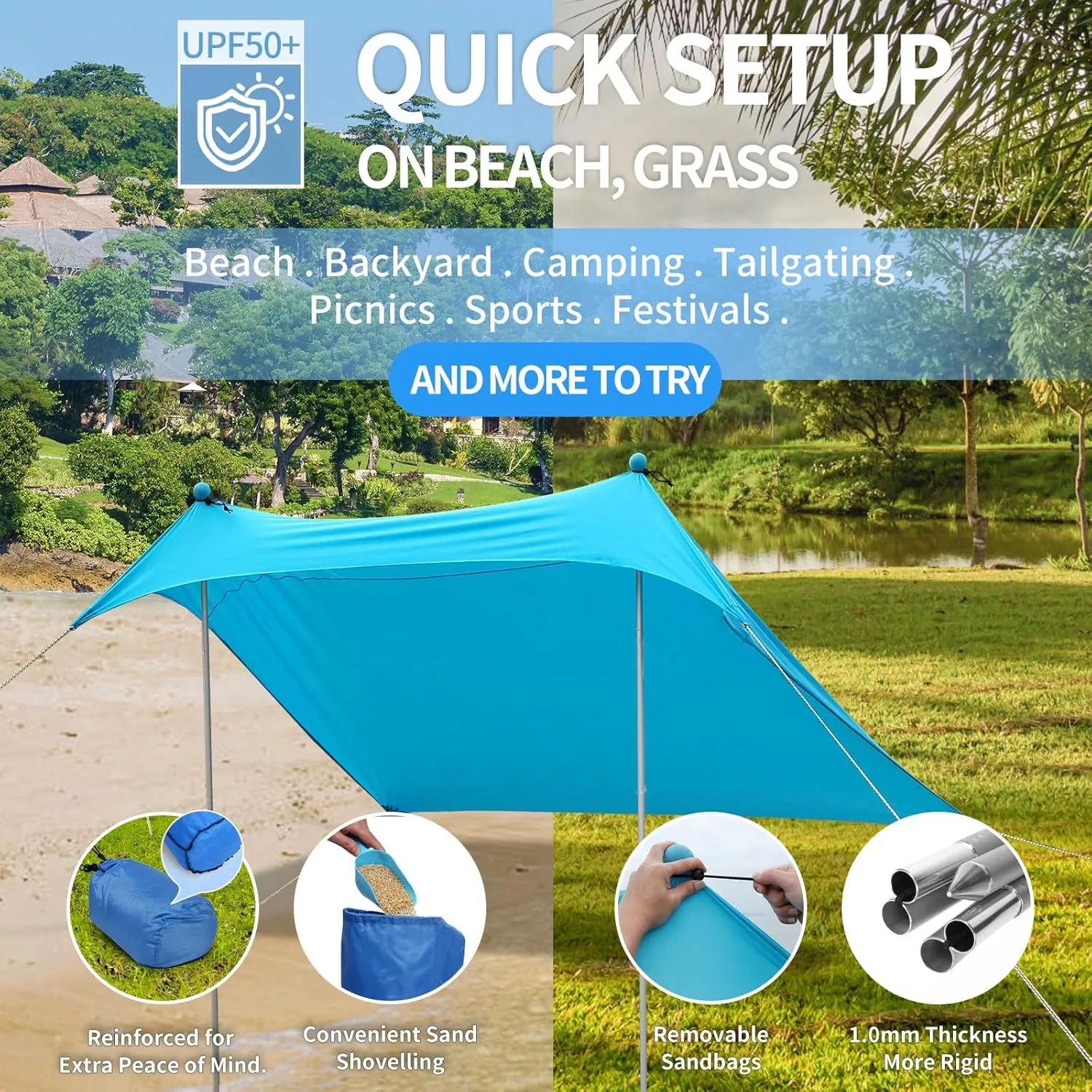 Beach Tent Beach Canopy, 7×7FT with 2 Aluminum Poles Beach Shade - with UPF50  UV Protection, Sandbags, Sand Shovels, Stakes Sun Shelter for Beach, Fishing, Backyard Fun, Camping