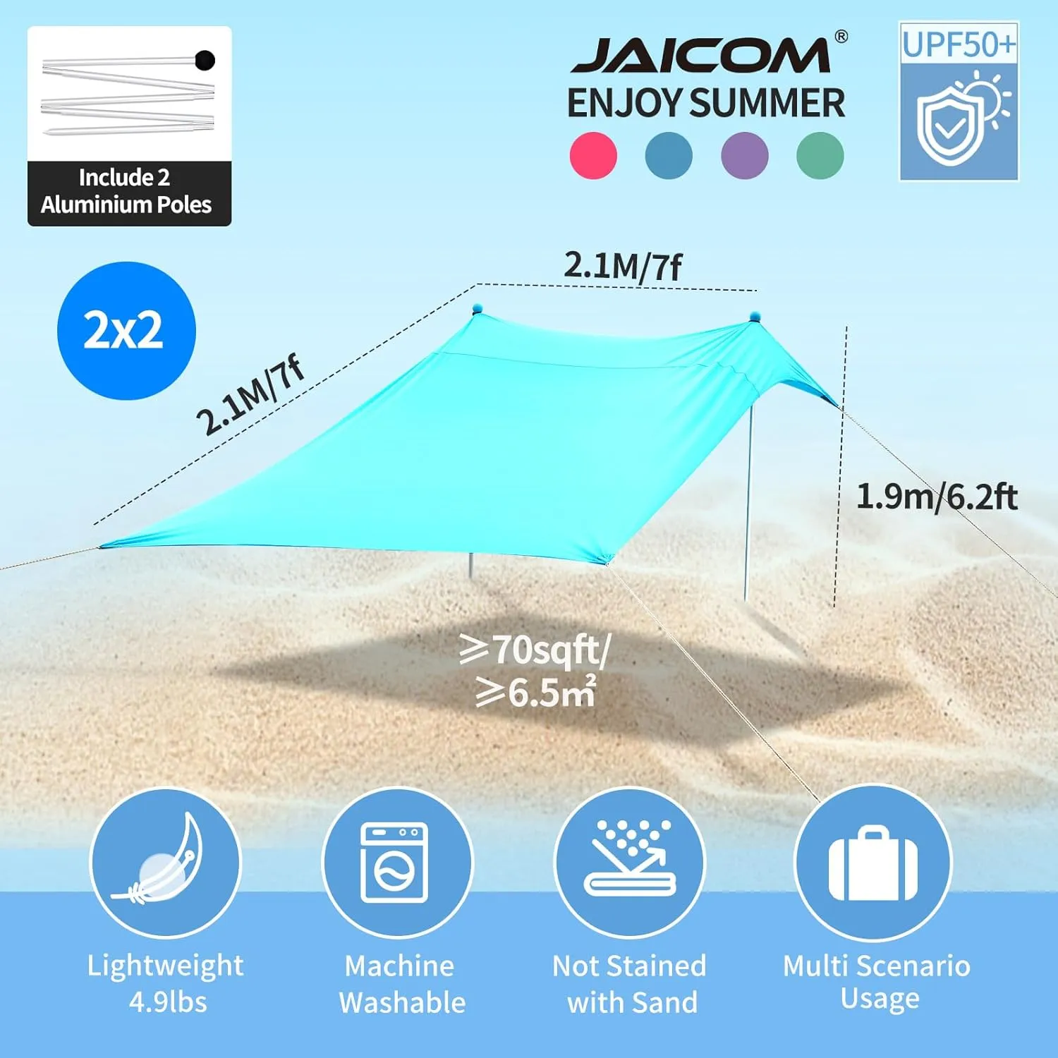 Beach Tent Beach Canopy, 7×7FT with 2 Aluminum Poles Beach Shade - with UPF50  UV Protection, Sandbags, Sand Shovels, Stakes Sun Shelter for Beach, Fishing, Backyard Fun, Camping