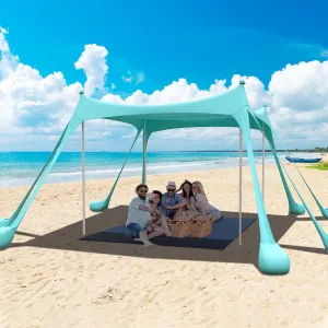 Beach Tent, Camping Sun Shelter with Mat, 2 Sand Shovels, 8 Sandbags, Ground Pegs & Stability Poles, UPF50  Outdoor Shade Canopy for Camping, Fishing or Picnics